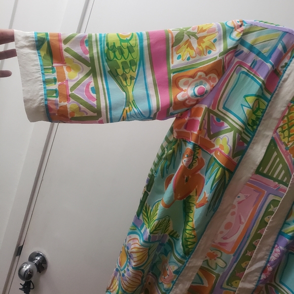Bob Mackie Wearable Art Silk Open Front Kimono Top Cats Monkeys Fruit Fish sz S - Picture 8 of 16